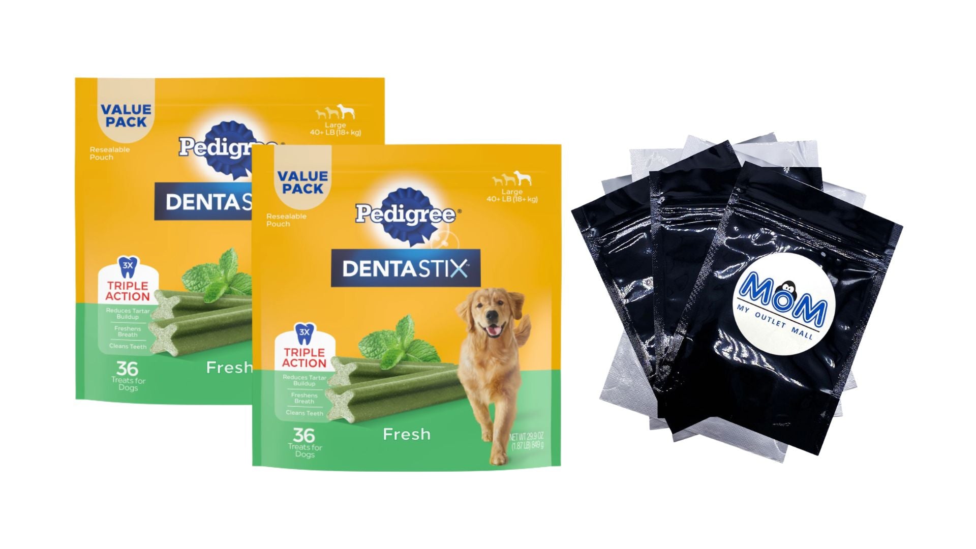 Fresh Flavor Dental Bone Treats for Large Dogs, 2 pack, 1.94lb (36 Treats) per pack, plus 3 My Outlet Mall Resealable Storage Pouches