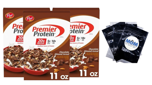 Chocolate Almond Cereal, Chocolatey Protein Cereal, 3 Packs, 11 oz per pack, plus 3 My Outlet Mall Resealable Storage Pouches