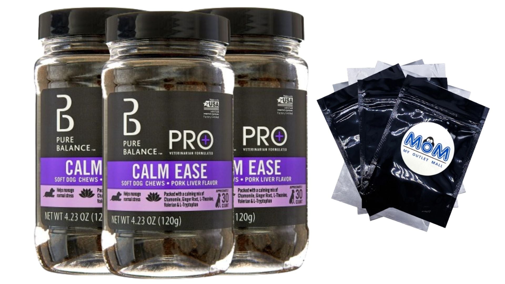Calm Ease Dog Soft Chews - 3 Packs - 30 counts per pack - plus 3 My Outlet Mall Resealable Storage Pouches