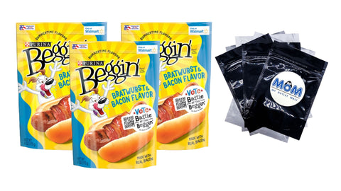 Bratwurst and Bacon Flavor Dog Snacks, 3 pack, 6 oz per pack, plus 3 My Outlet Mall Resealable Storage Pouches