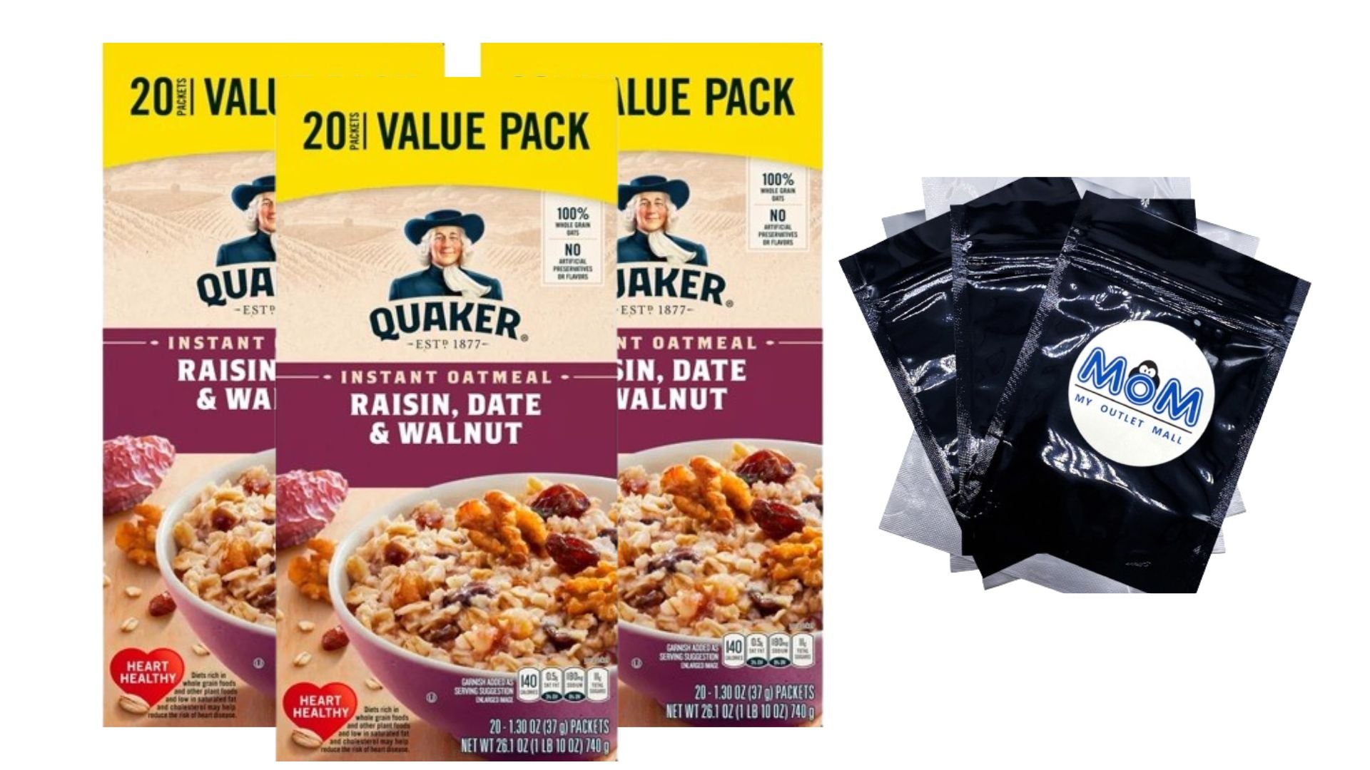 Instant Oatmeal Raisin Date & Walnut, 3 pack, 26.1 oz, plus 3 My Outlet Mall Resealable Storage Pouches