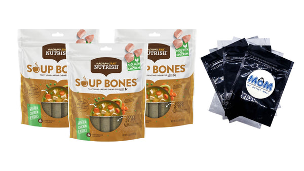 Soup Bones Dog Treats, Real Chicken & Veggies Flavor, 3 pack, 12.6 oz (6 Bones) per pack, plus 3 My Outlet Mall Resealable Storage Pouches