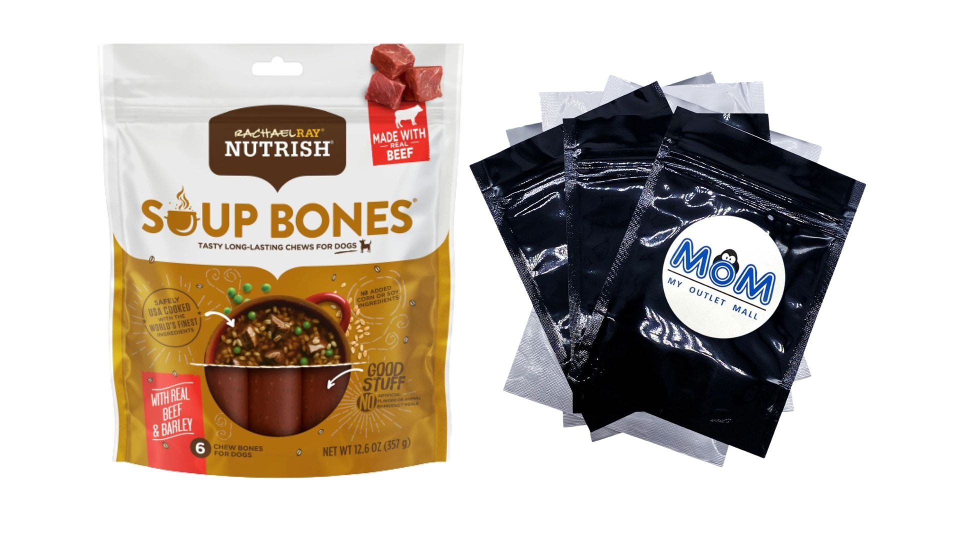 Soup Bones Dog Treats, Real Beef & Barley Flavor, 1 pack, 12.6 oz ( 6 Bones) plus 3 My Outlet Mall Resealable Storage Pouches