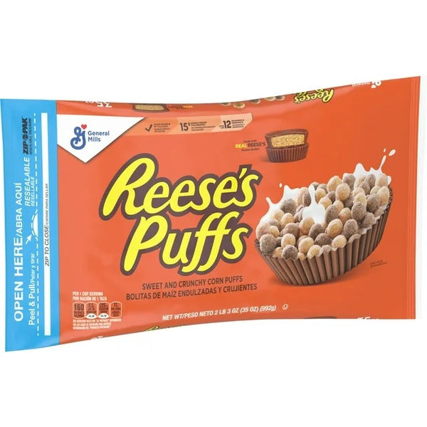 PUFFS Chocolatey Peanut Butter Cereal, Kid Breakfast Cereal, 2 Packs, 35 oz per pack, plus 3 My Outlet Mall Resealable Storage Pouches