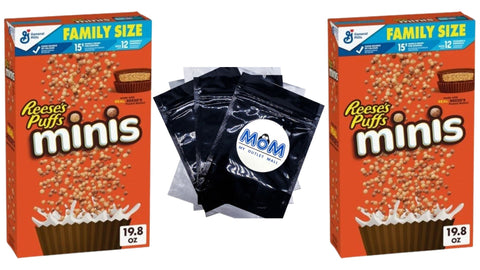 Puffs Minis Breakfast Cereal, Chocolate Peanut Butter Cereal, Family Size, 2 Packs, 19.8 oz per pack, plus 3 My Outlet Mall Resealable Storage Pouches