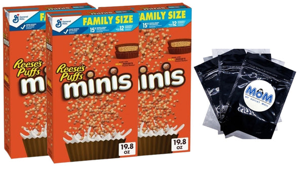 Puffs Minis Breakfast Cereal, Chocolate Peanut Butter Cereal, Family Size, 3 Packs, 19.8 oz per pack, plus 3 My Outlet Mall Resealable Storage Pouches