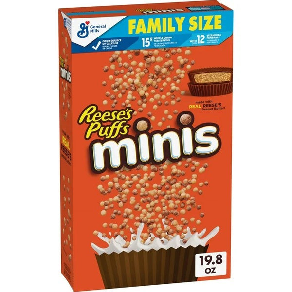 Puffs Minis Breakfast Cereal, Chocolate Peanut Butter Cereal, Family Size, 3 Packs, 19.8 oz per pack, plus 3 My Outlet Mall Resealable Storage Pouches