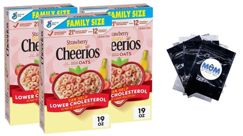 Strawberry Banana Cheerios Heart Healthy Cereal Happy Heart Shapes Family Size, 3 Packs, 19 oz per pack, plus 3 My Outlet Mall Resealable Storage Pouches