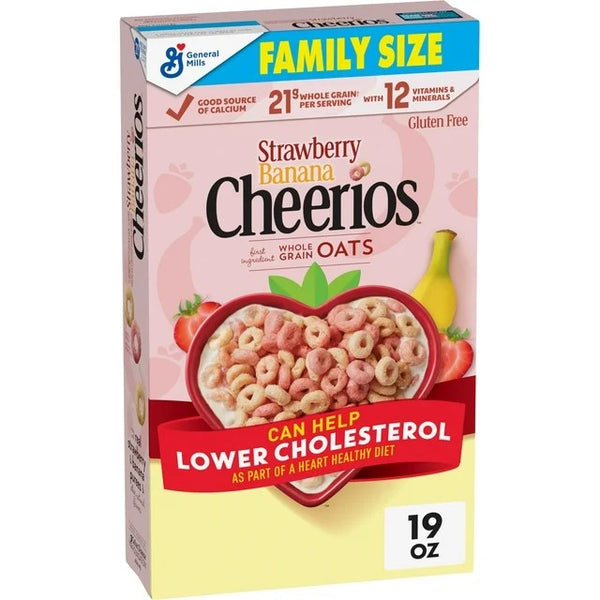 Strawberry Banana Cheerios Heart Healthy Cereal Happy Heart Shapes Family Size, 1 Pack, 19 oz per pack, plus 3 My Outlet Mall Resealable Storage Pouches