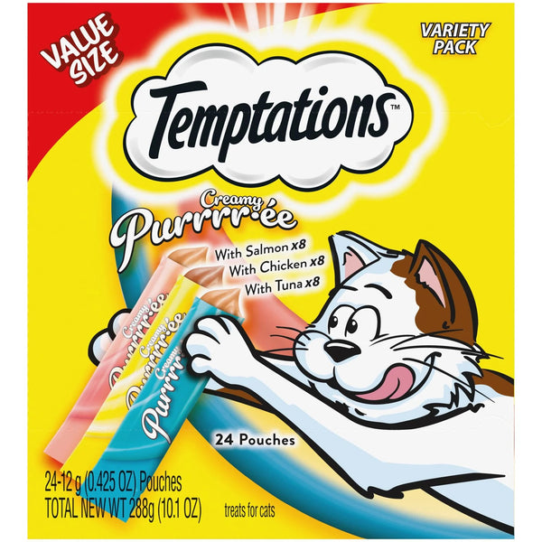 Creamy Puree Chicken, Salmon, and Tuna Lickable Cat Treats Variety Pack, 3 pack, 24 Count per pack - plus 3 My Outlet Mall Resealable Storage Pouches