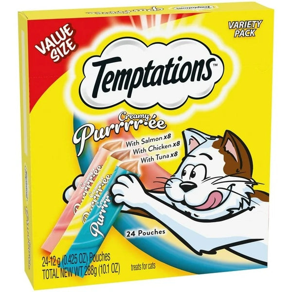 Creamy Puree Chicken, Salmon, and Tuna Lickable Cat Treats Variety Pack, 3 pack, 24 Count per pack - plus 3 My Outlet Mall Resealable Storage Pouches