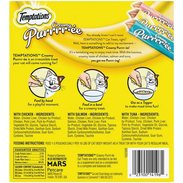 Creamy Puree Chicken, Salmon, and Tuna Lickable Cat Treats Variety Pack, 3 pack, 24 Count per pack - plus 3 My Outlet Mall Resealable Storage Pouches
