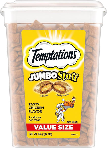Temptations Jumbo Stuff Tasty Chicken Flavor Crunchy and Soft Cat Treats 14 oz Tub, 2packs, plus 3 My Outlet Mall Resealable Storage Pouches