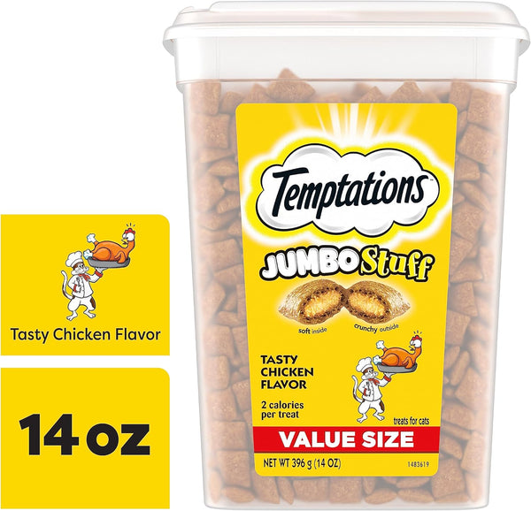 Temptations Jumbo Stuff Tasty Chicken Flavor Crunchy and Soft Cat Treats 14 oz Tub, 2packs, plus 3 My Outlet Mall Resealable Storage Pouches