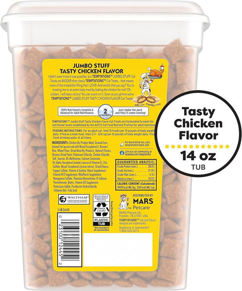 Temptations Jumbo Stuff Tasty Chicken Flavor Crunchy and Soft Cat Treats 14 oz Tub 3packs, plus 3 My Outlet Mall Resealable Storage Pouches
