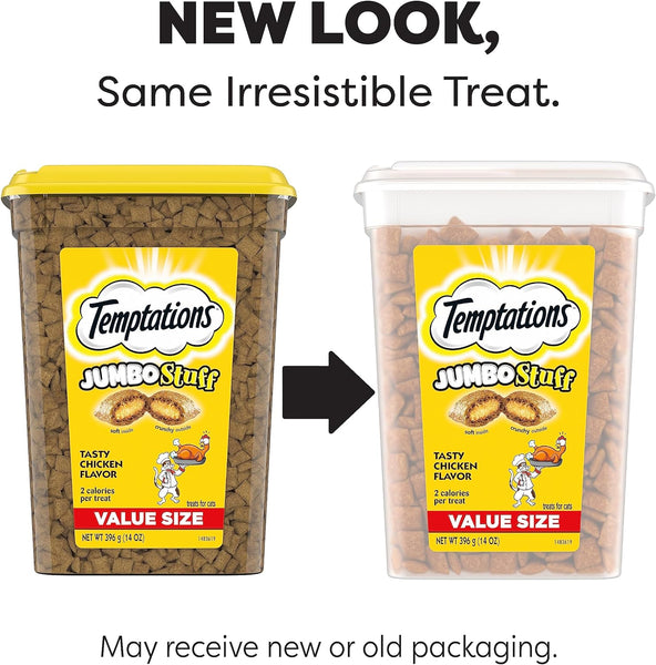 Temptations Jumbo Stuff Tasty Chicken Flavor Crunchy and Soft Cat Treats 14 oz Tub 1pack, plus 3 My Outlet Mall Resealable Storage Pouches
