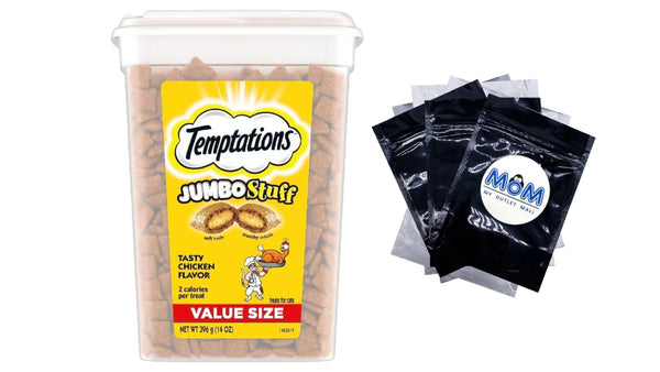 Temptations Jumbo Stuff Tasty Chicken Flavor Crunchy and Soft Cat Treats 14 oz Tub 1pack, plus 3 My Outlet Mall Resealable Storage Pouches