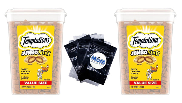 Temptations Jumbo Stuff Tasty Chicken Flavor Crunchy and Soft Cat Treats 14 oz Tub, 2packs, plus 3 My Outlet Mall Resealable Storage Pouches