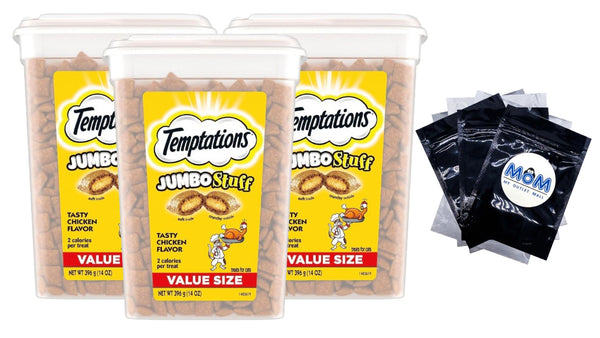 Temptations Jumbo Stuff Tasty Chicken Flavor Crunchy and Soft Cat Treats 14 oz Tub 3packs, plus 3 My Outlet Mall Resealable Storage Pouches