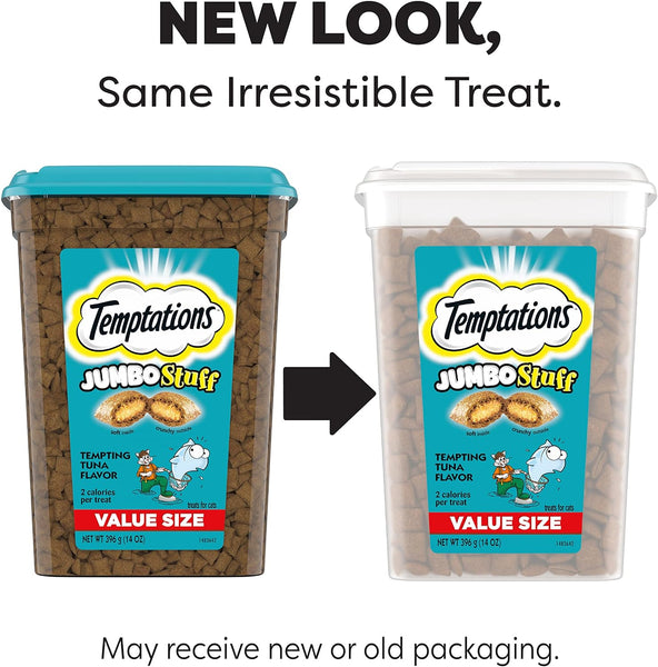 Temptations Jumbo Stuff Tempting Tuna Flavor Crunchy and Soft Cat Treats 14 oz Tub 3packs, plus 3 My Outlet Mall Resealable Storage Pouches.