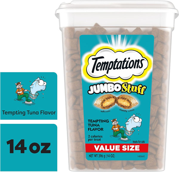 Temptations Jumbo Stuff Tempting Tuna Flavor Crunchy and Soft Cat Treats 14 oz Tub 3packs, plus 3 My Outlet Mall Resealable Storage Pouches.