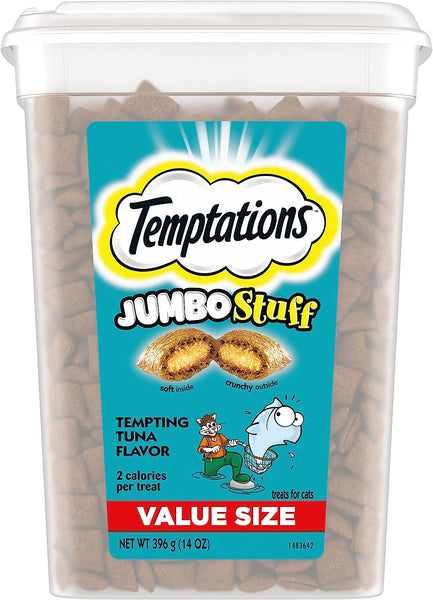 Temptations Jumbo Stuff Tempting Tuna Flavor Crunchy and Soft Cat Treats 14 oz Tub 2packs, plus 3 My Outlet Mall Resealable Storage Pouches.