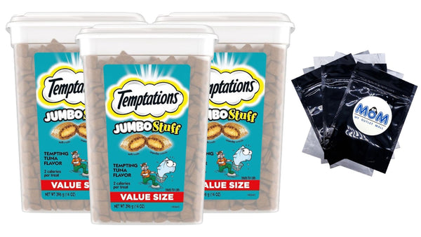 Temptations Jumbo Stuff Tempting Tuna Flavor Crunchy and Soft Cat Treats 14 oz Tub 3packs, plus 3 My Outlet Mall Resealable Storage Pouches.