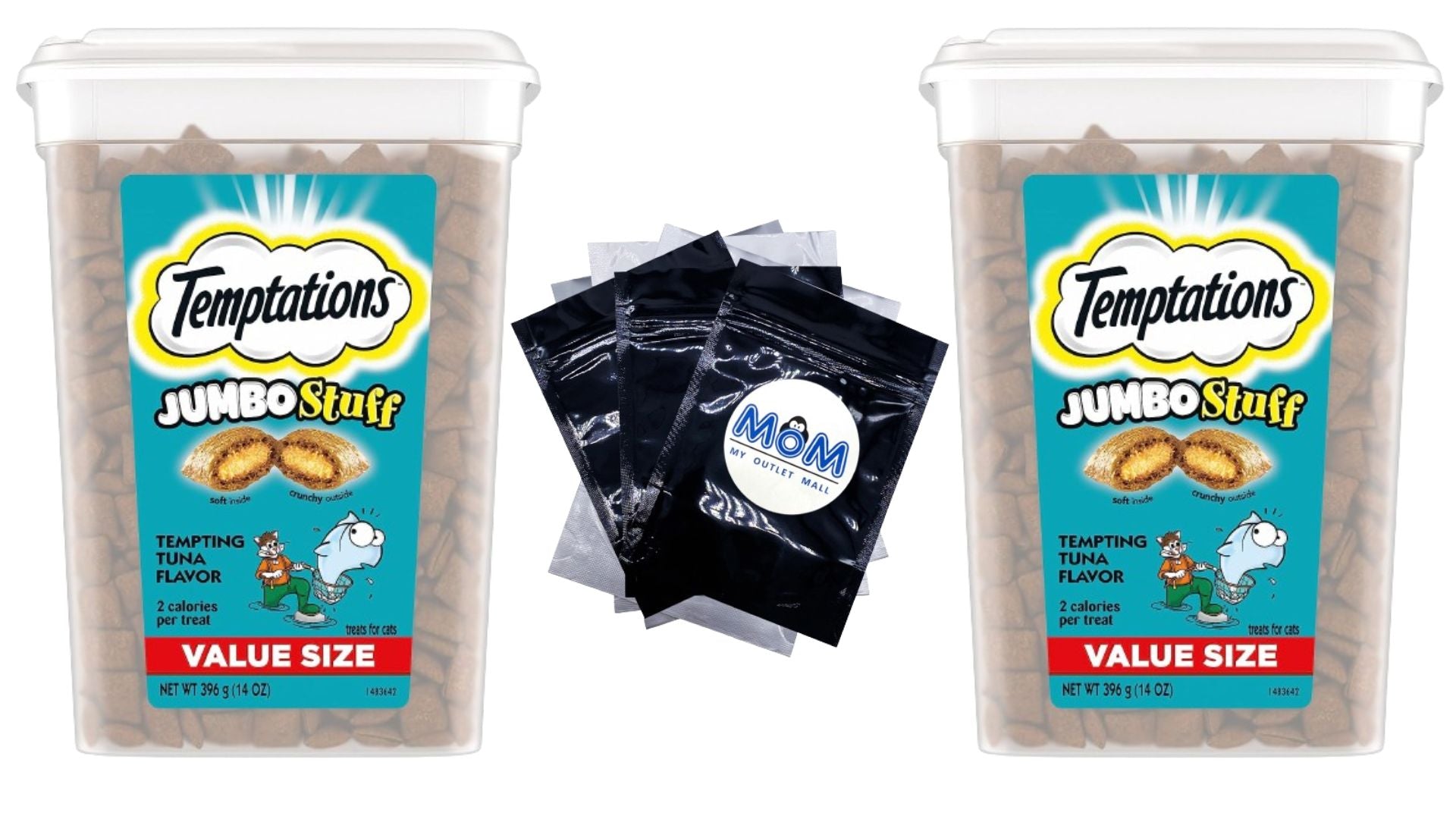 Temptations Jumbo Stuff Tempting Tuna Flavor Crunchy and Soft Cat Treats 14 oz Tub 2packs, plus 3 My Outlet Mall Resealable Storage Pouches.