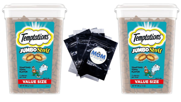 Temptations Jumbo Stuff Tempting Tuna Flavor Crunchy and Soft Cat Treats 14 oz Tub 2packs, plus 3 My Outlet Mall Resealable Storage Pouches.