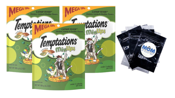 Mixups Chicken, Catnip & Cheddar Flavor Crunchy and Soft Cat Treats, 3 packs, 6.3oz per pack, plus 3 My Outlet Mall Resealable Storage Pouches.
