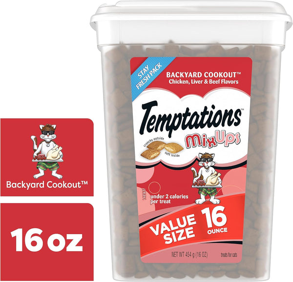 Temptations Mixups Chicken, Liver and Beef Flavor Crunchy and Soft Cat Treats 16 oz Tub 2packs, plus 3 My Outlet Mall Resealable Storage Pouches.
