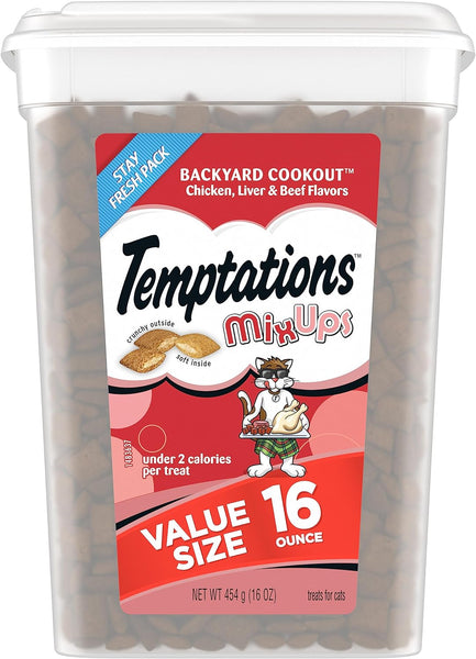 Temptations Mixups Chicken, Liver and Beef Flavor Crunchy and Soft Cat Treats 16 oz Tub 1pack, plus 3 My Outlet Mall Resealable Storage Pouches.