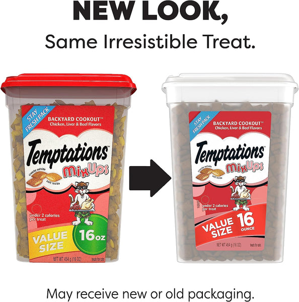 Temptations Mixups Chicken, Liver and Beef Flavor Crunchy and Soft Cat Treats 16 oz Tub 3packs, plus 3 My Outlet Mall Resealable Storage Pouches.