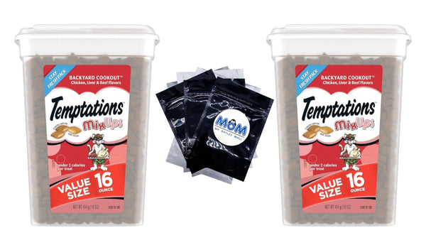 Temptations Mixups Chicken, Liver and Beef Flavor Crunchy and Soft Cat Treats 16 oz Tub 2packs, plus 3 My Outlet Mall Resealable Storage Pouches.