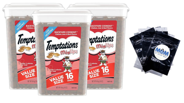 Temptations Mixups Chicken, Liver and Beef Flavor Crunchy and Soft Cat Treats 16 oz Tub 3packs, plus 3 My Outlet Mall Resealable Storage Pouches.