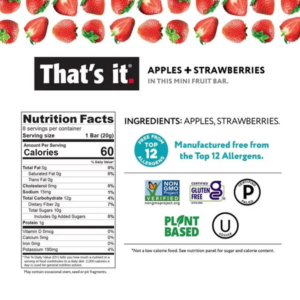 Gluten-Free Soft&Chewy Fruit Bars Apple+Strawberry Fruit Bars, Shelf Stable Box, 3 Packs, 5.6 oz 8 count per pack, plus 3 My Outlet Mall Resealable Storage Pouches