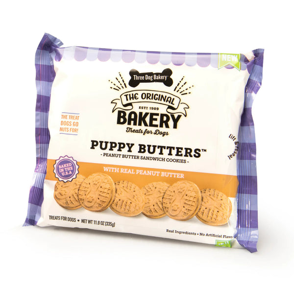 Puppy Butters Peanut Butter Sandwich Cookies Dog Treats, 3 pack, 11.8 oz per pack, plus 3 My Outlet Mall Resealable Storage Pouches