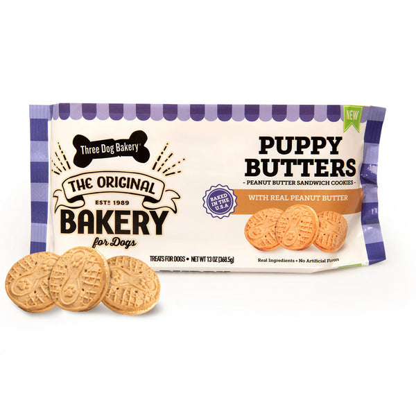 Puppy Butters Peanut Butter Sandwich Cookies Dog Treats, 3 pack, 11.8 oz per pack, plus 3 My Outlet Mall Resealable Storage Pouches