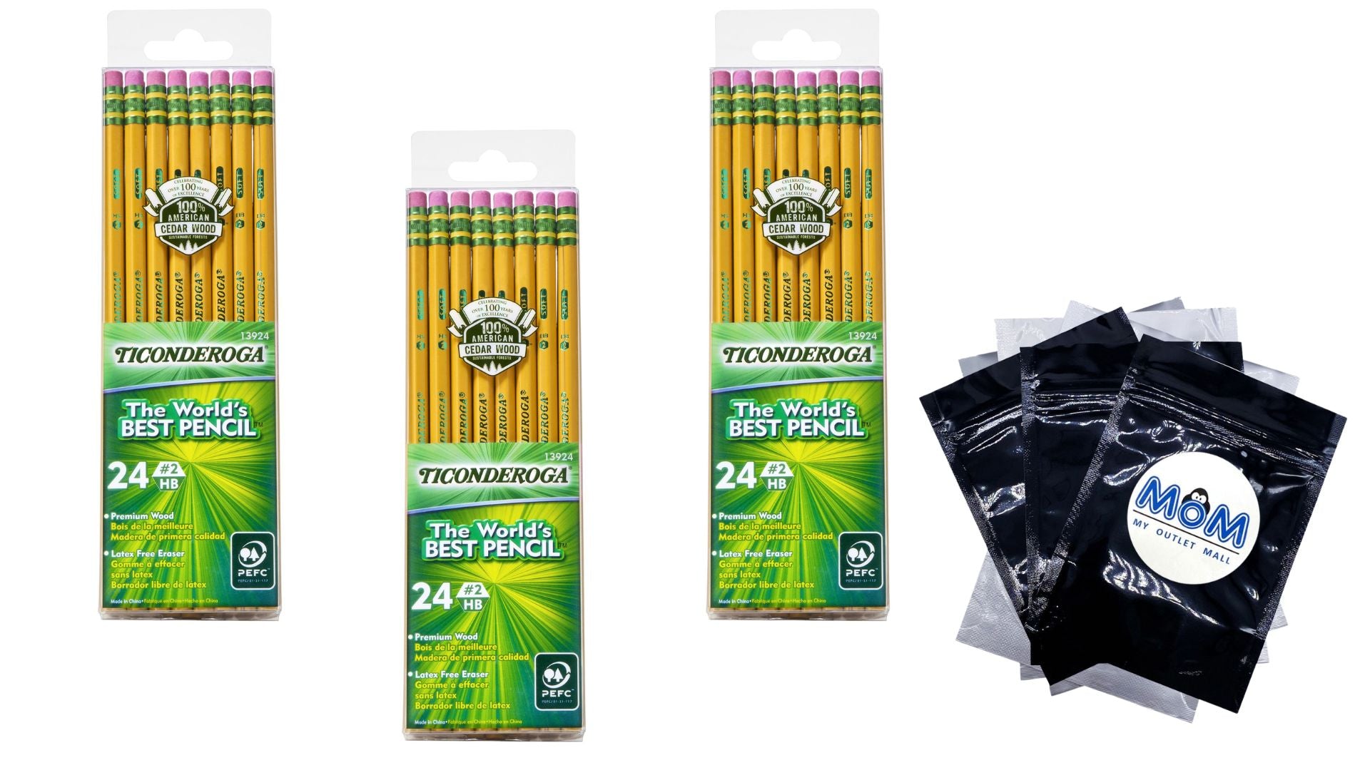 Premium Wood Pencils Unsharpened No. 2 Lead Yellow - 3 packs - 24 count - Ticonderoga - plus 3 My Outlet Mall Resealable Storage Pouches