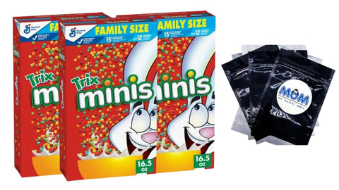 Minis Fruity Mini Corn Puff Breakfast Cereal, Family Size, 3 Packs, 16.5 oz per pack, plus 3 My Outlet Mall Resealable Storage Pouches