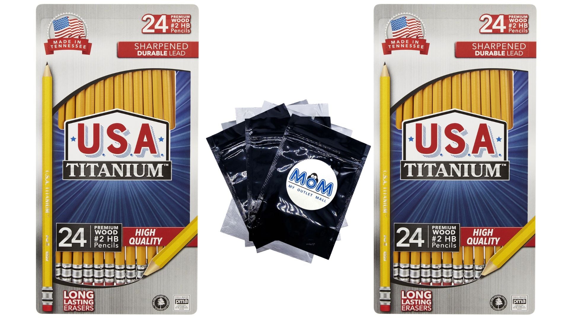 Premium Yellow No. 2 Sharpened Woodcase Pencils - 2 packs - 24 count - USA Titanium - plus 3 My Outlet Mall Resealable Storage Pouches