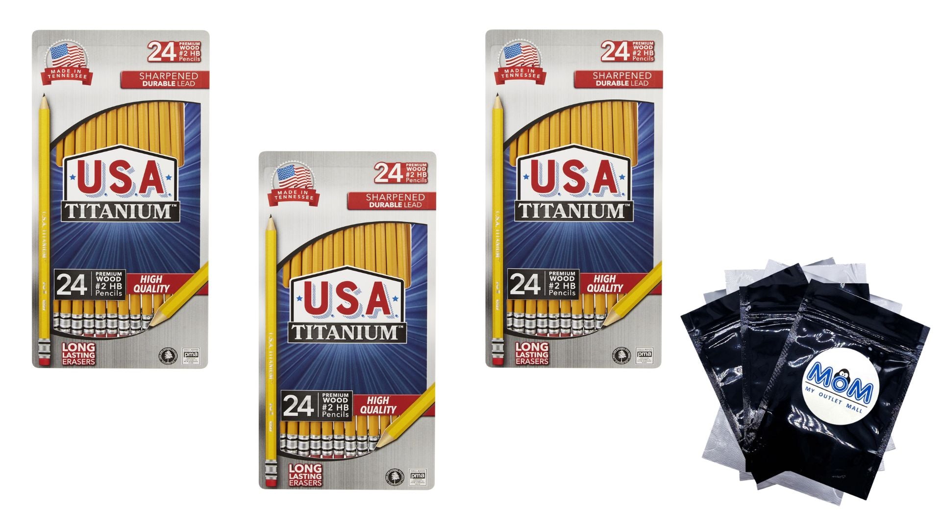Premium Yellow No. 2 Sharpened Woodcase Pencils - 3 packs - 24 count - USA Titanium - plus 3 My Outlet Mall Resealable Storage Pouches