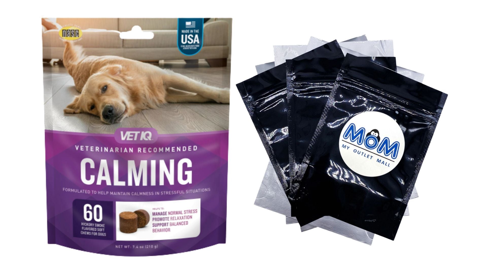 Calming Supplement for Dogs, Hickory Smoke Flavored Soft Chews, 1 pack, 7.4 oz (60 count) plus 3 My Outlet Mall Resealable Storage Pouches