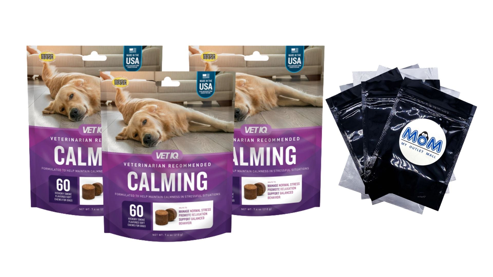 Calming Supplement for Dogs, Hickory Smoke Flavored Soft Chews, 3 pack, 7.4 oz (60 count) per pack, plus 3 My Outlet Mall Resealable Storage Pouches