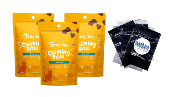Calming Bites Stress & Anxiety Relief Supplement for Cats Bacon Flavor, 3 pack, 30 Count per pack, plus 3 My Outlet Mall Resealable Storage Pouches