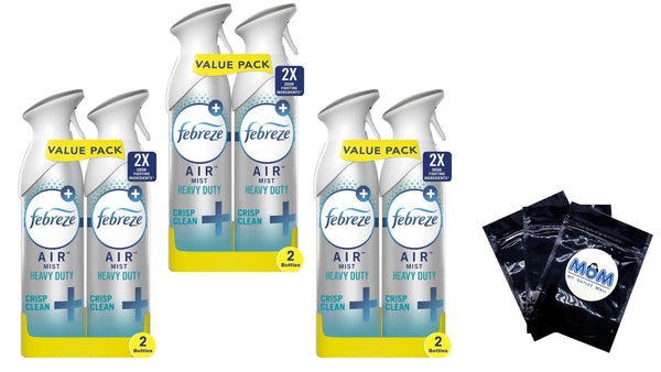 Air Freshener Spray, Odor-Fighting Room Spray, Heavy Duty Crisp Clean- 3 packs - 2 count per pack - plus 3 My Outlet Mall Resealable Storage Pouches