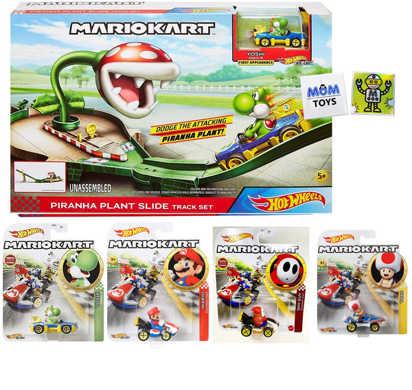 DieCast Hotwheels Mario Kart Piranha Plant Slide Track Set bundle with 4 extra RANDOM Mario Kart 1:64 scale vehicles gift for kids and 2 My Outlet Mall Stickers