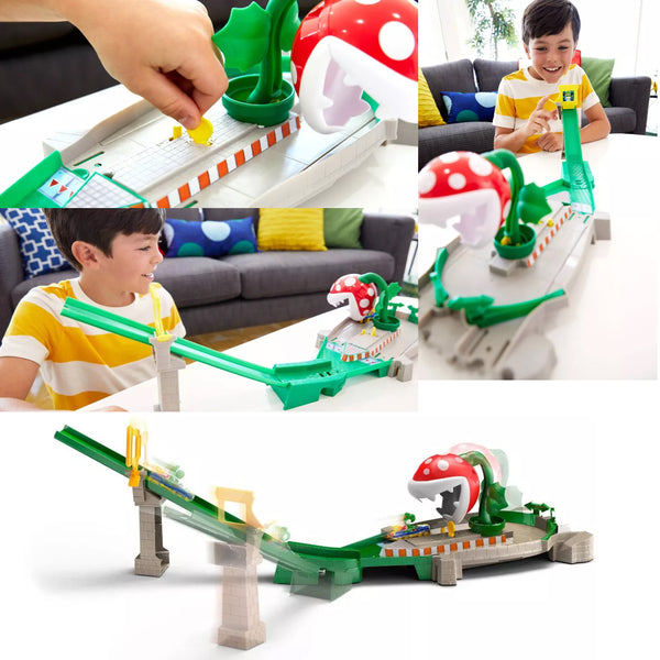 DieCast Hotwheels Mario Kart Piranha Plant Slide Track Set bundle with 4 extra RANDOM Mario Kart 1:64 scale vehicles gift for kids and 2 My Outlet Mall Stickers