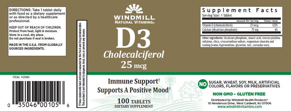 Windmill Natural Vitamins D3 1000IU Cholecalciferol 25 mcg