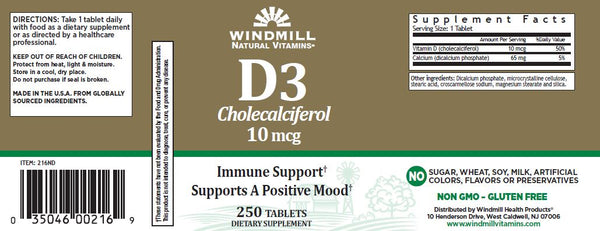 Windmill Natural Vitamins D3 Cholecalciferol 10 mcg